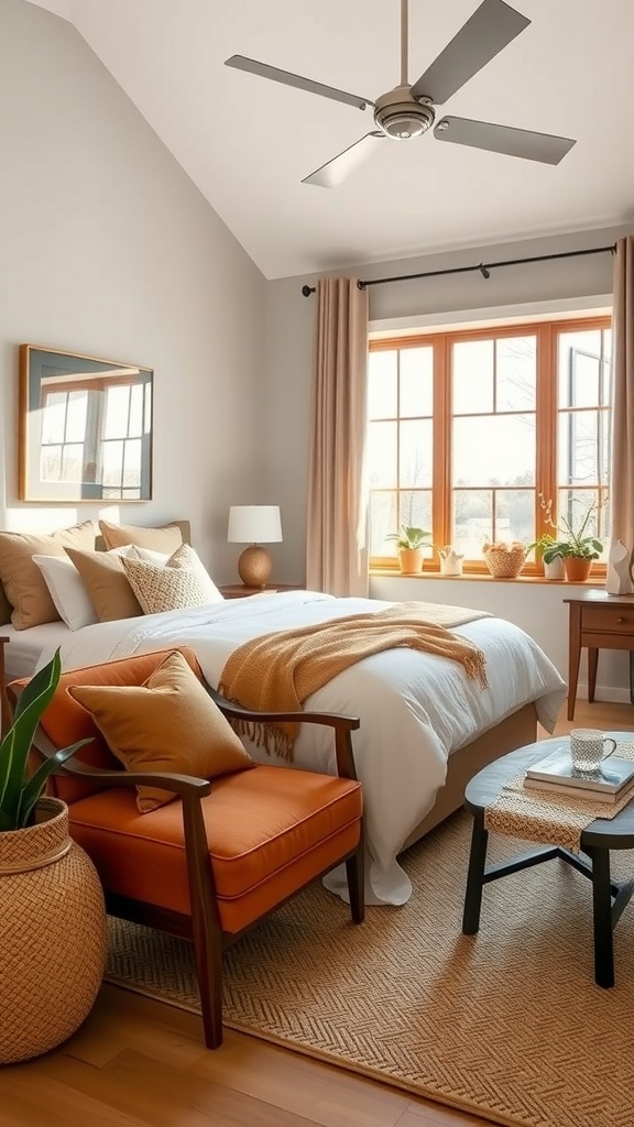 Cozy modern cottage guest bedroom with warm tones and stylish furniture