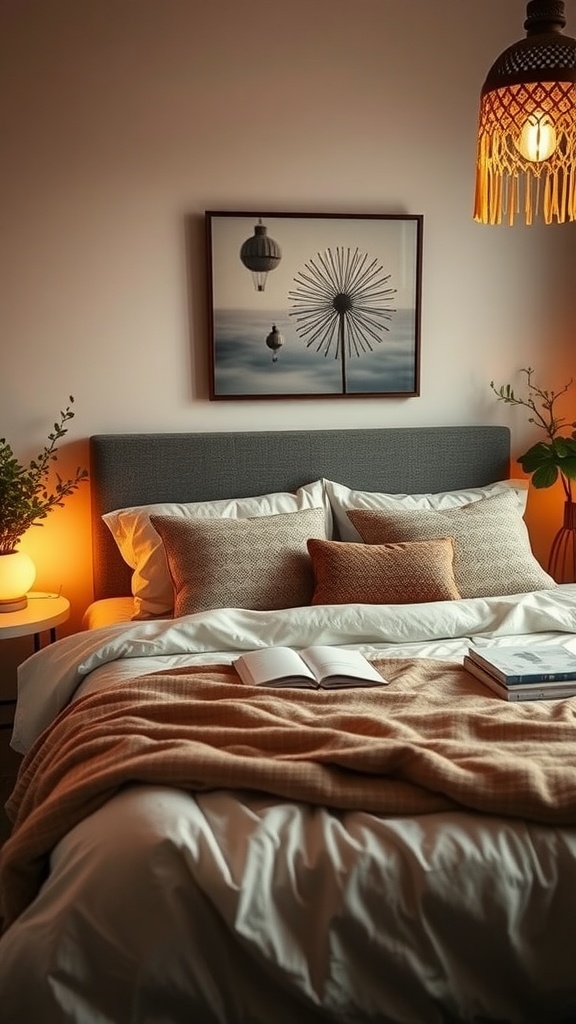 A cozy guest bedroom with soft lighting, a neatly made bed, decorative pillows, and a warm atmosphere.