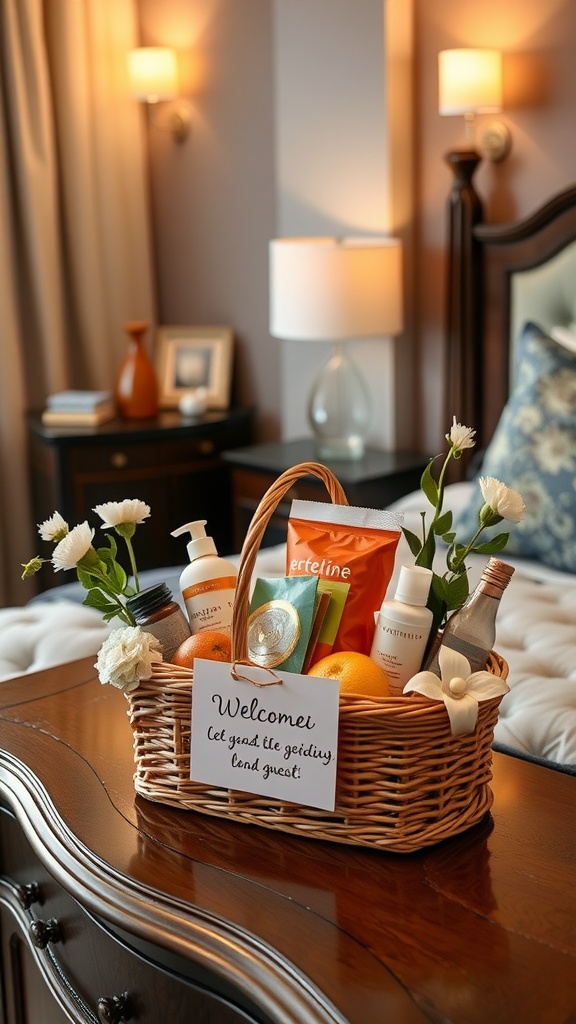 A welcome basket on a nightstand filled with oranges and toiletries, with a warm note.