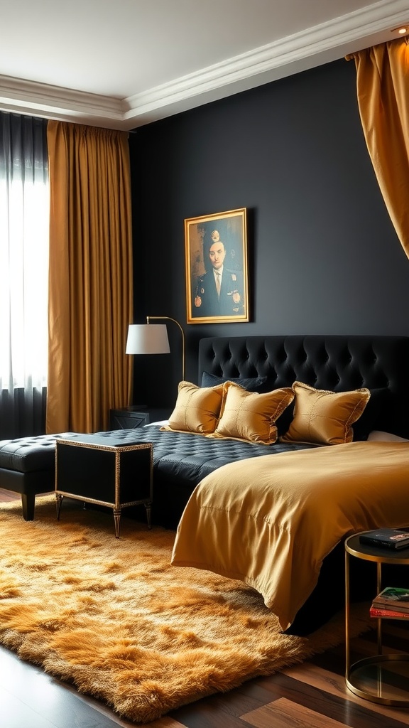 Stunning guest bedroom with black and gold decor featuring pillows, curtains, and a plush rug.
