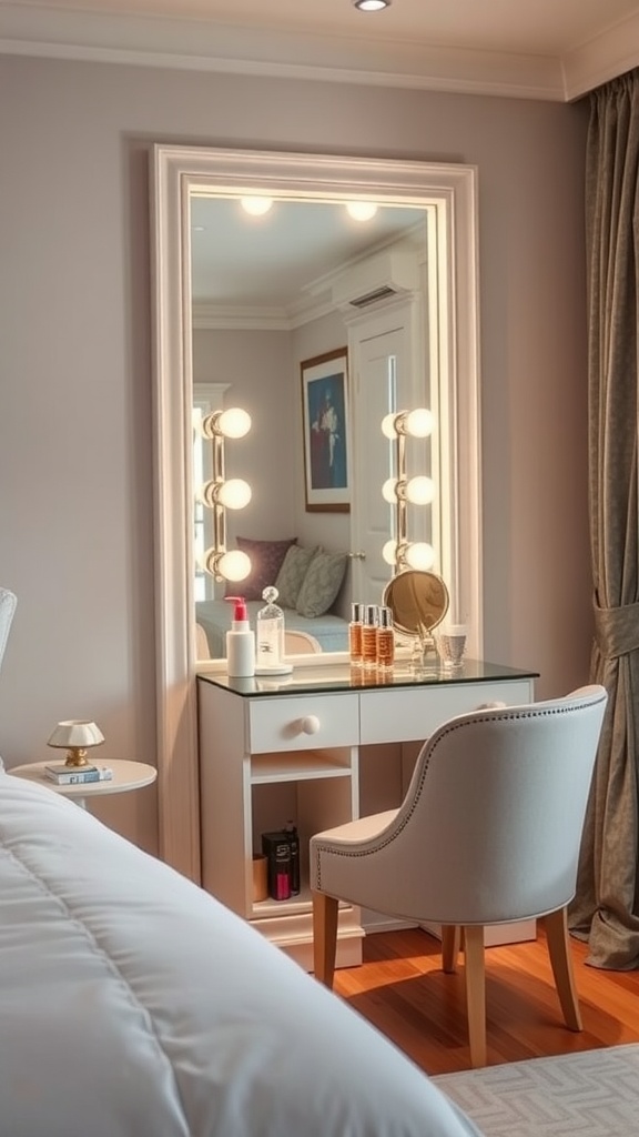 A cozy guest bedroom featuring a full-length mirror with warm lighting and a stylish vanity area.