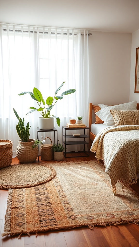 A cozy guest bedroom featuring a woven rug, soft bedding, and indoor plants.