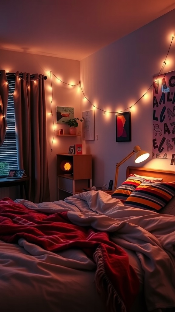 A cozy college apartment bedroom with warm lighting, featuring a bed with a red blanket, string lights, and a desk with a plant.