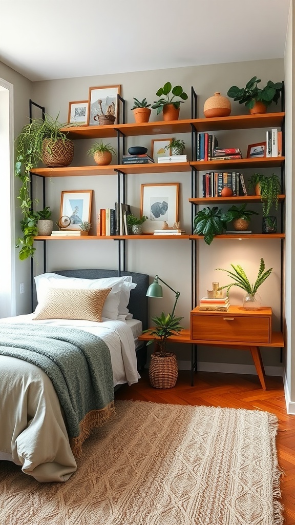 A modern boho guest bedroom featuring stylish shelving filled with plants and books, alongside a cozy bed and warm decor.