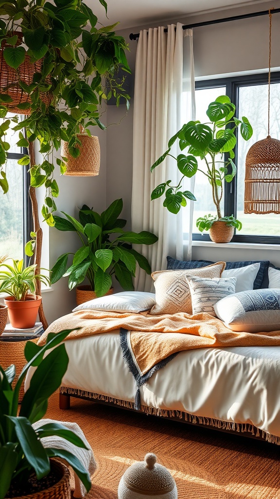 A modern boho guest bedroom featuring a bed with soft linens, adorned with various plants, including hanging and potted options.