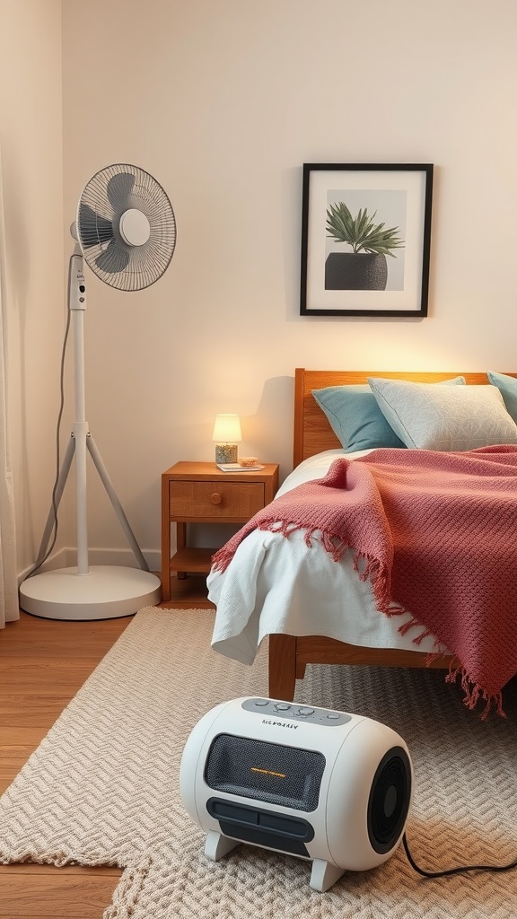 A cozy guest bedroom featuring a fan, a heater, and extra blankets for climate control.