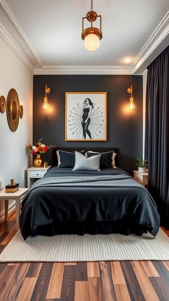 A small guest bedroom featuring black walls, gold accents, and stylish decor.