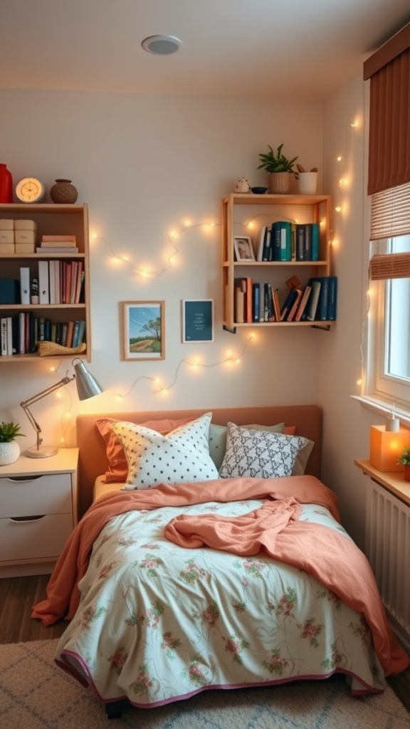 Cozy college bedroom with organized shelves, colorful bedding, and warm string lights