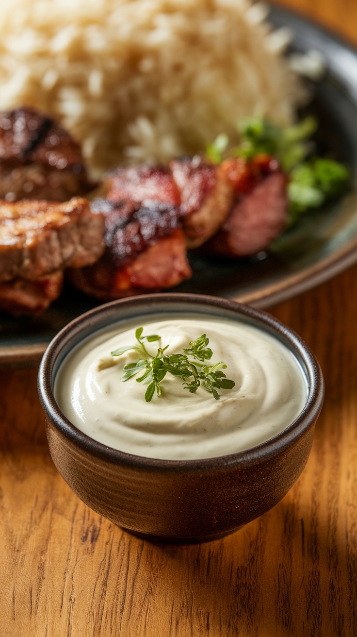 Creamy white sauce in a bowl with herbs, served with grilled meats and rice.