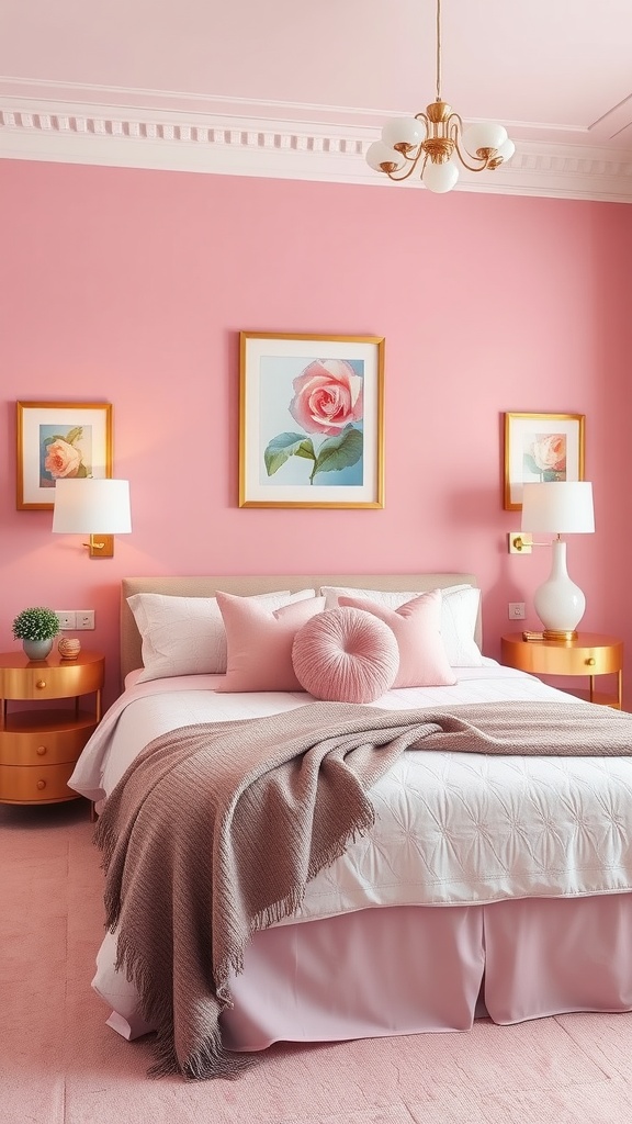 A stylish pink guest bedroom featuring rose-themed artwork, cozy bedding, and decorative lamps.