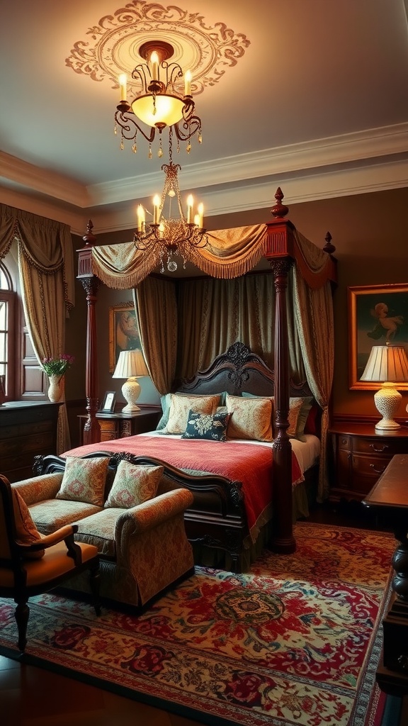 Luxurious bedroom featuring a four-poster bed, elegant chandelier, and plush seating, exemplifying old money aesthetic.