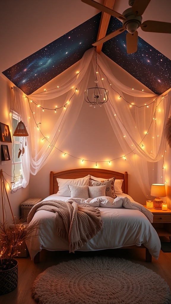 A cozy bedroom with a starry ceiling, string lights, and a warm atmosphere.