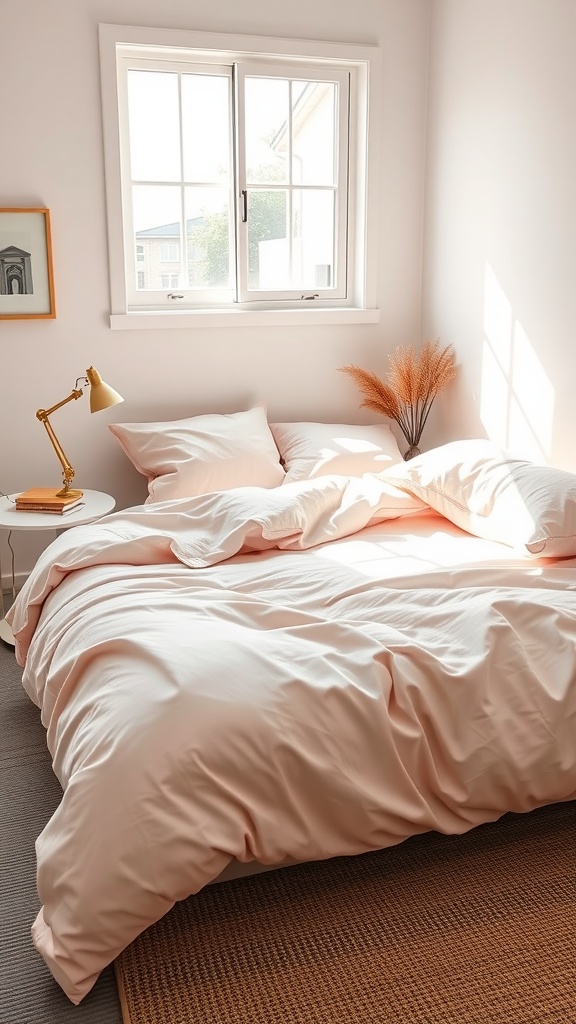 Cozy bedroom with rose pink bedding and natural decor elements