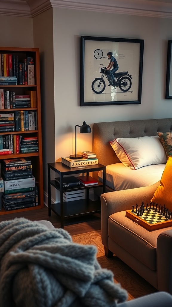 Cozy guest bedroom with a sofa, side table, chess set, and bookshelf filled with books.