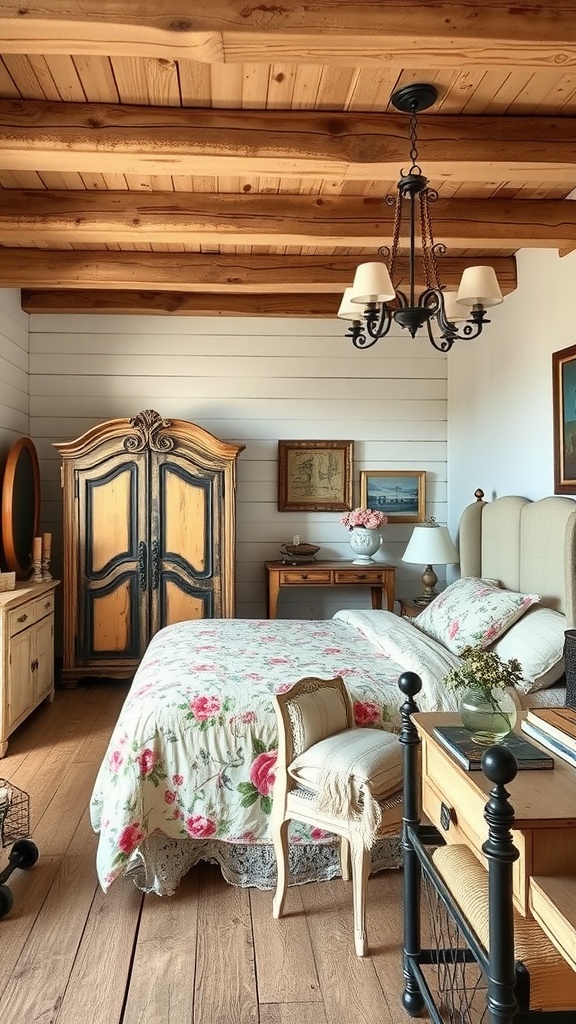 Cozy old country bedroom with antique French elements, featuring a floral quilt, wooden beams, and a vintage armoire.