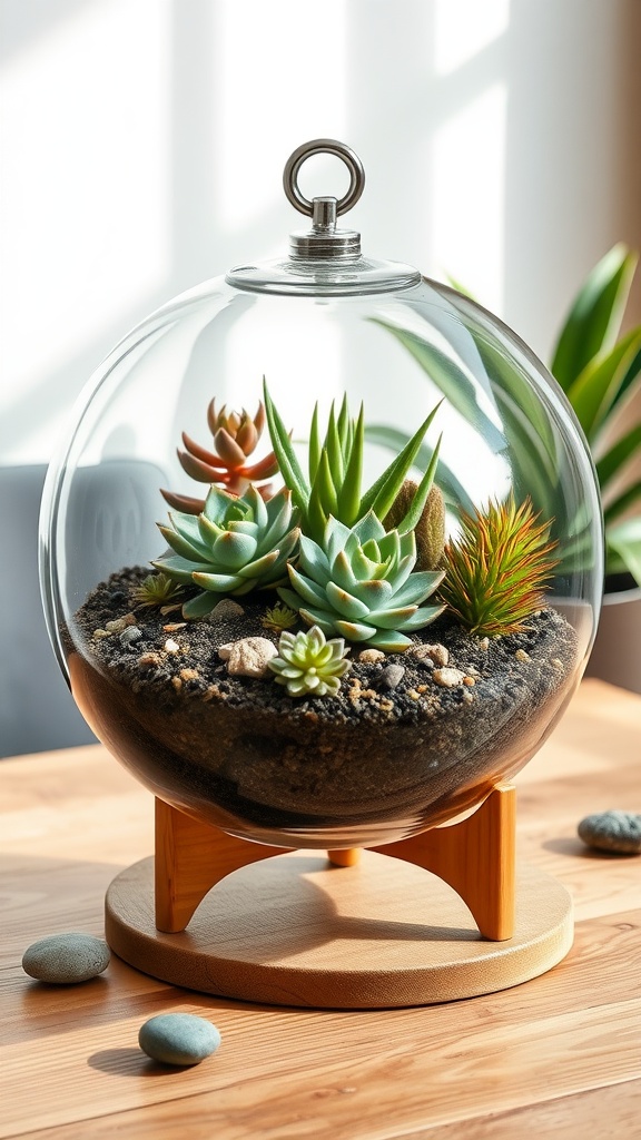 A beautifully arranged succulent terrarium in a glass globe, featuring various succulents, dark soil, and a wooden stand.