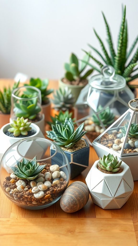 A variety of succulent terrariums displayed in different containers including glass and ceramic.