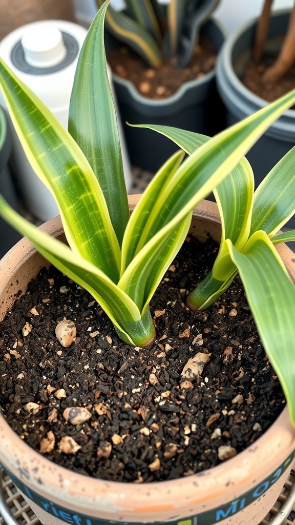 A close-up of a snake plant in a terracotta pot with well-draining soil.