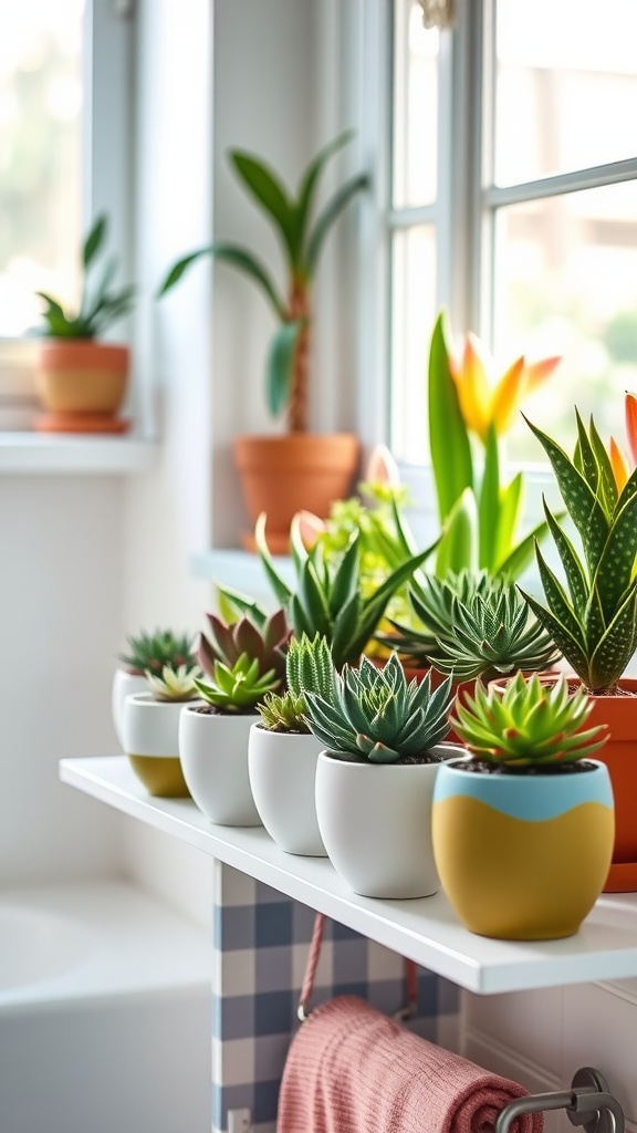 A bright bathroom shelf displaying various succulents in colorful pots.