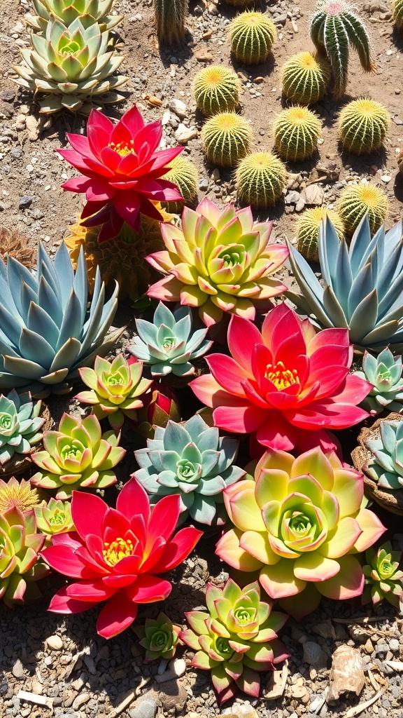 Colorful succulent plants with red and green flowers alongside round cacti.
