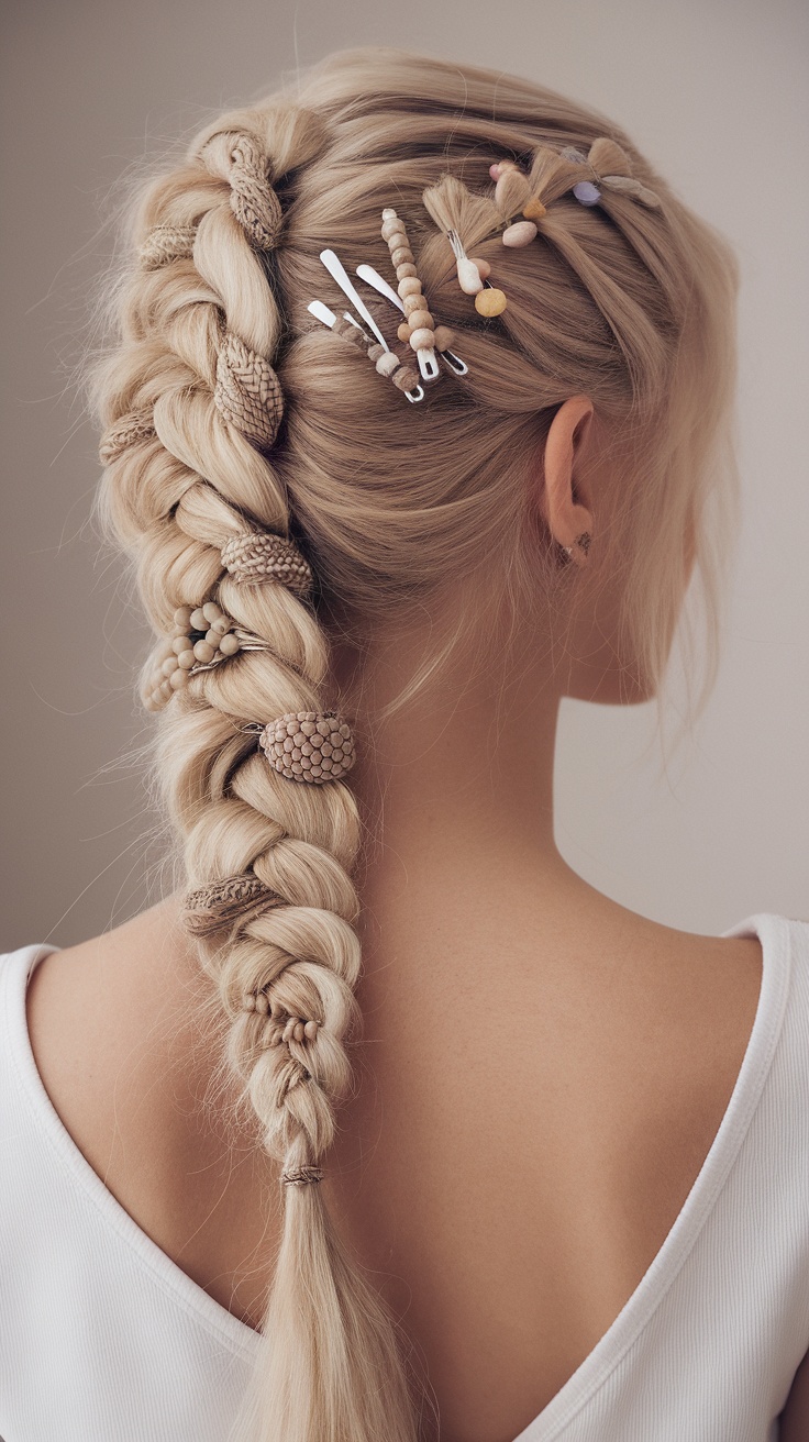 A close-up of a styled braided ponytail with decorative hair clips.