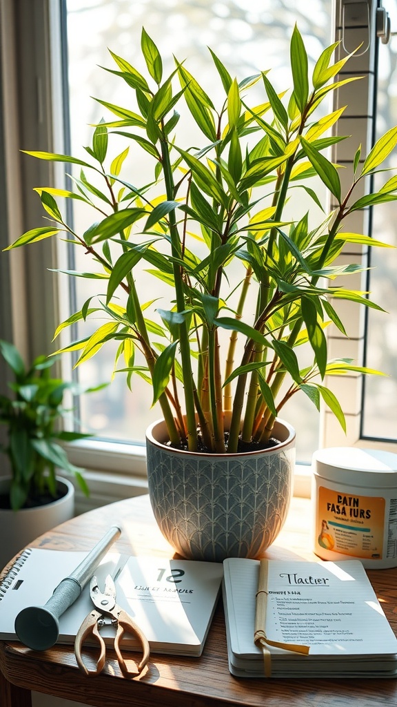 A healthy indoor bamboo plant by a window with gardening tools and notebooks on a wooden table.