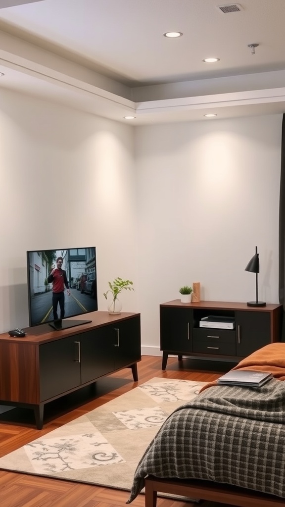 A stylish guest bedroom with a TV stand, featuring a flat-screen TV, cozy bedding, and modern decor.