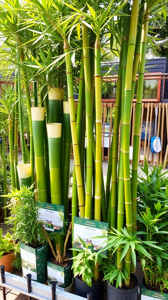 A vibrant display of various bamboo plants in pots, showcasing different sizes and colors.