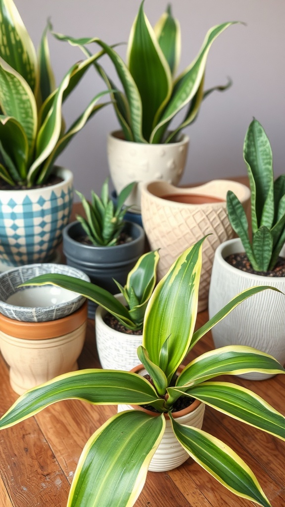 Various pots suitable for snake plants, showcasing different sizes, colors, and designs.