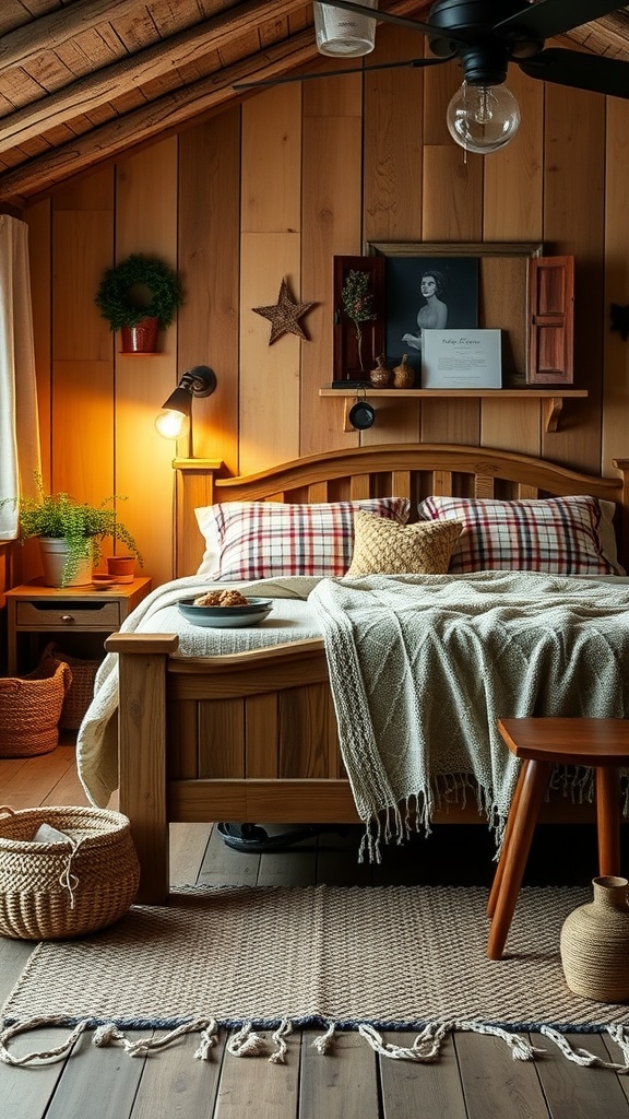 Cozy cottage bedroom design with wooden walls, plaid bedding, and warm lighting