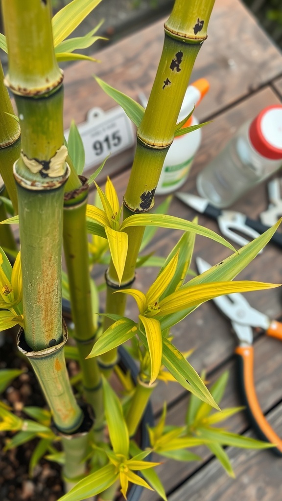 Close-up of bamboo plant with yellowing leaves and black spots on stems, surrounded by gardening tools