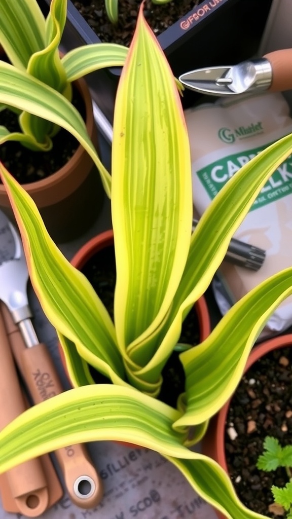 A healthy snake plant with vibrant green leaves and yellow edges, surrounded by gardening tools.