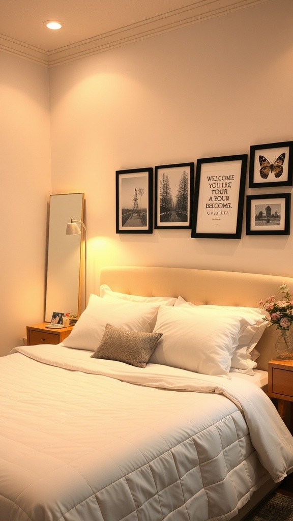 Cozy guest bedroom with a neatly made bed, decorative wall art, and warm lighting.