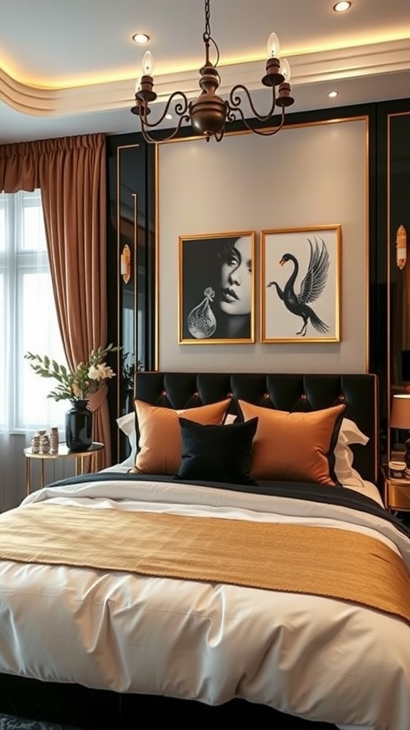 Luxurious black and gold guest bedroom with elegant decor and stylish furnishings.