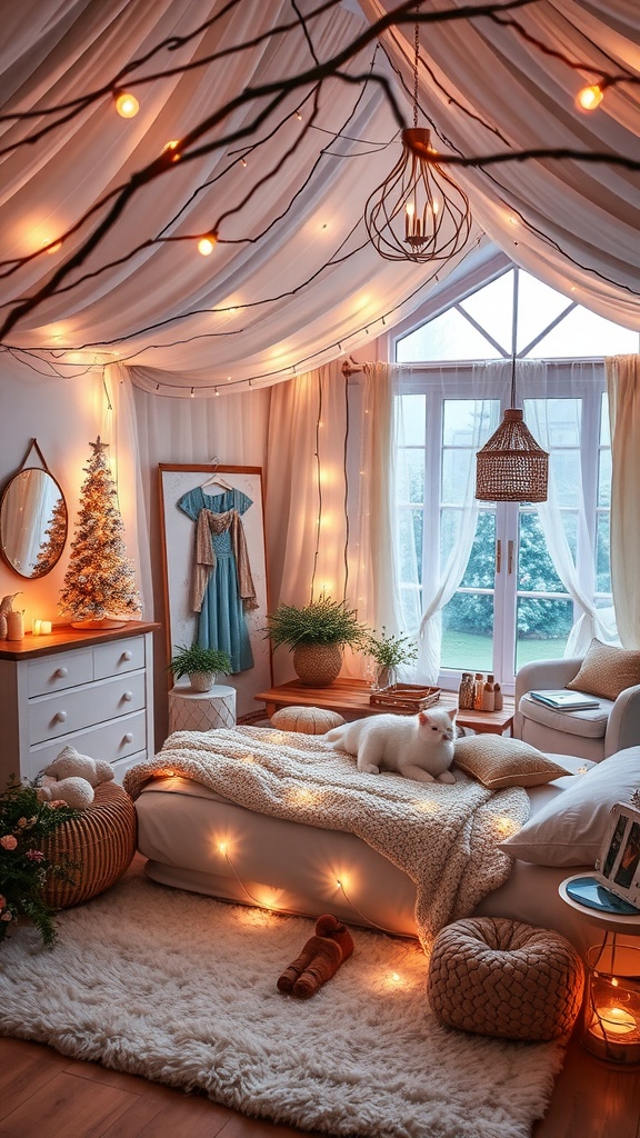 A cozy bedroom with soft lighting, plants, and a fluffy rug, creating a magical and inviting atmosphere.