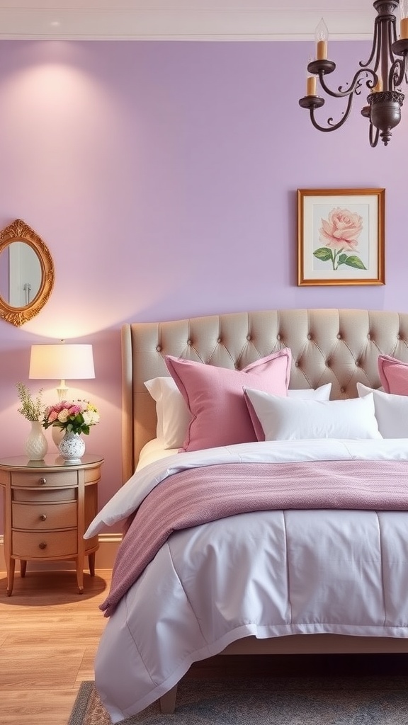 A lavender guest bedroom featuring soft walls, elegant bedding, and beautiful decor