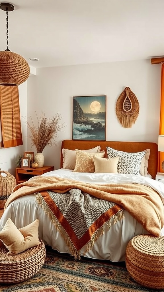 A modern boho guest bedroom featuring warm tones, layered bedding, and natural decor elements.