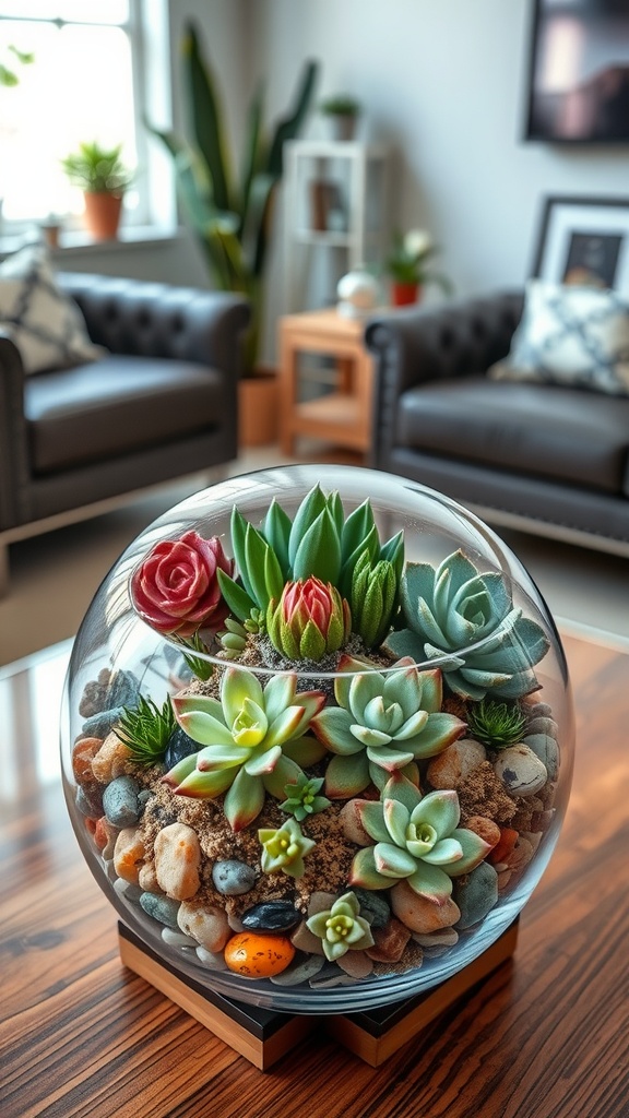 A beautifully arranged succulent terrarium with various plants and pebbles, displayed in a clear glass container