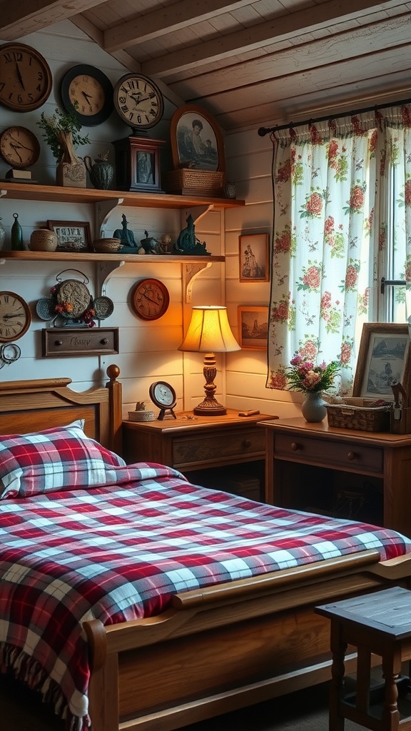 A cozy country farmhouse bedroom featuring a wooden bed with a plaid blanket, vintage clocks on the wall, and floral curtains.