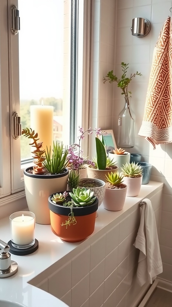 A bright bathroom window with various succulent plants arranged on the sill, including a candle for added ambiance.