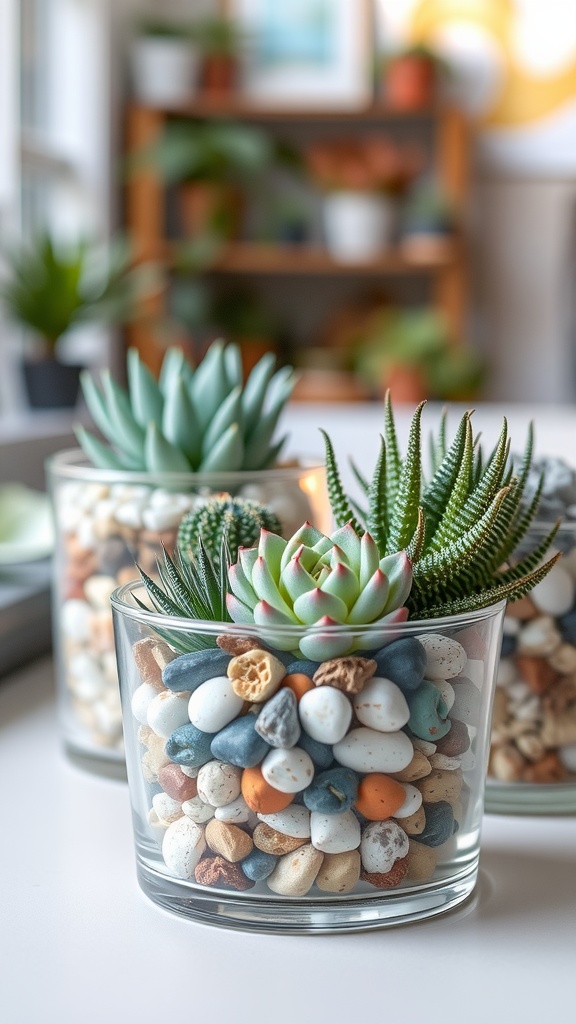 A close-up of a mini succulent garden in glass containers, featuring colorful pebbles and various succulents.