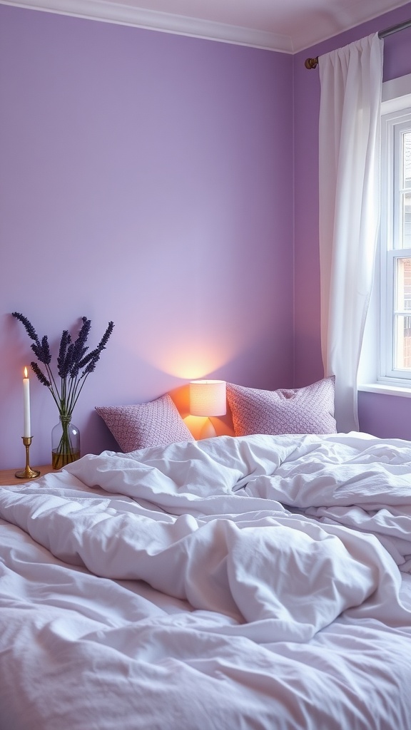 A cozy lavender themed guest bedroom with soft bedding and natural decor