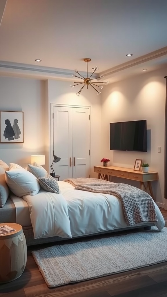 Cozy guest bedroom with a bed, TV, and modern decor.