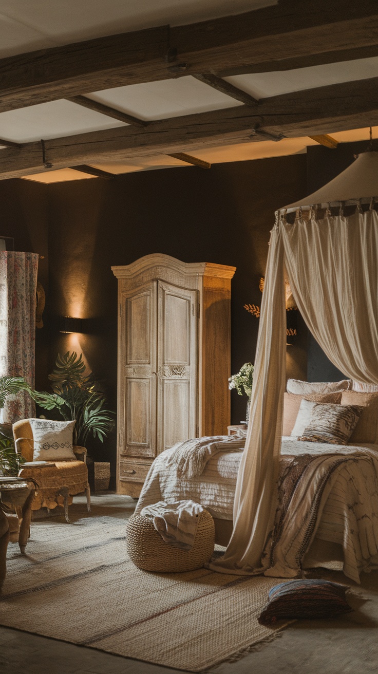 A cozy bedroom with dark painted walls, rustic furniture, and warm lighting.