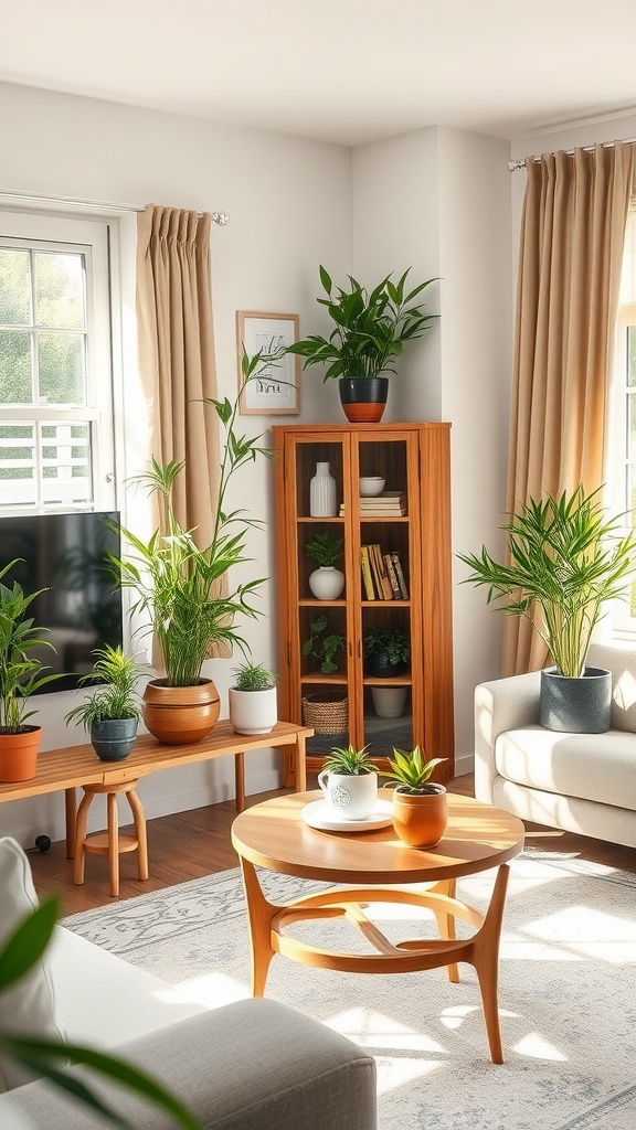 A bright living room decorated with various bamboo plants in stylish pots, arranged on furniture and shelves.