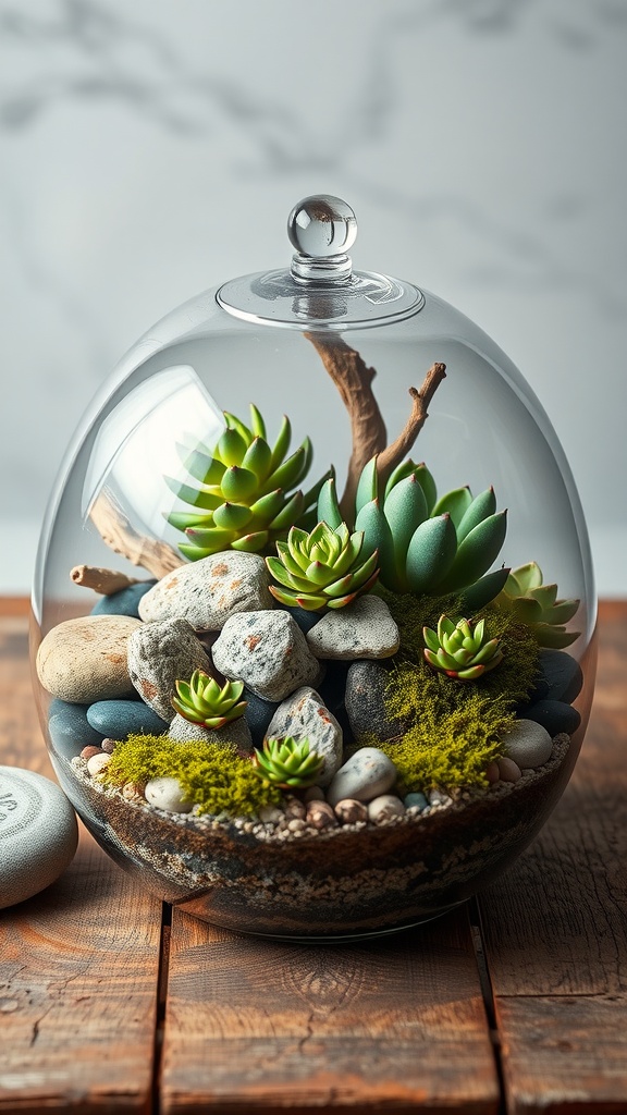 A beautifully arranged succulent terrarium featuring green plants, smooth stones, and moss inside a glass dome