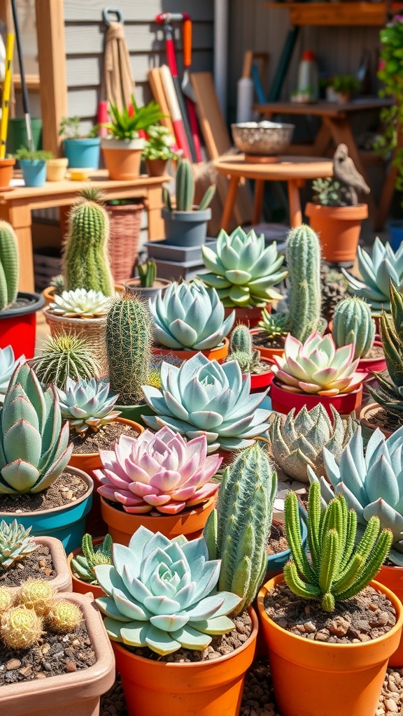 Colorful pots of various succulent plants arranged in a garden setting.