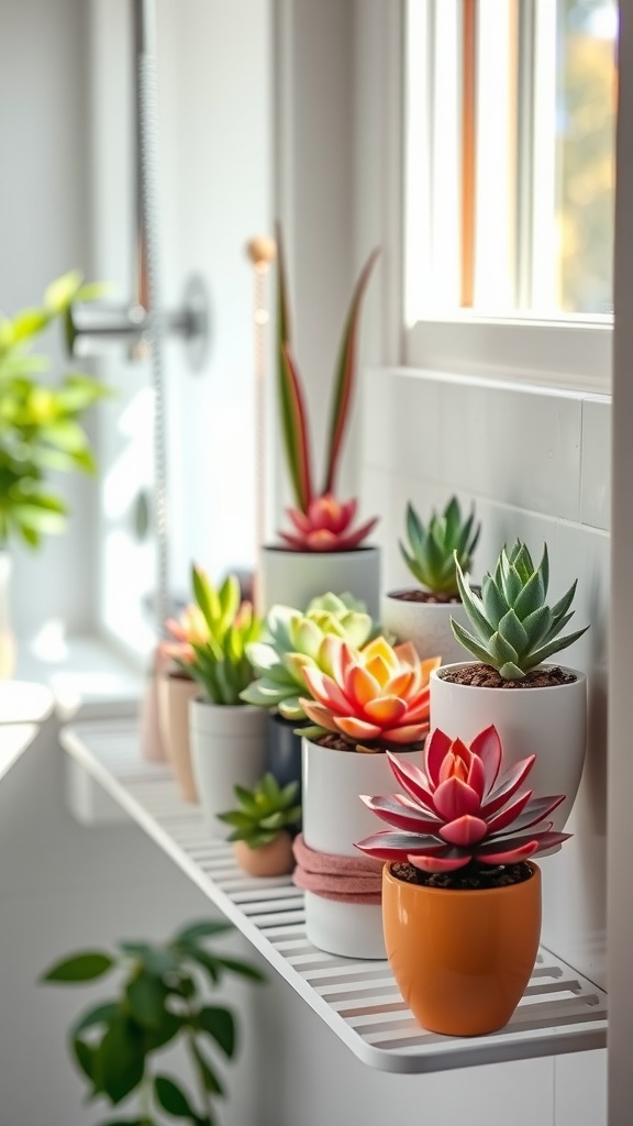 A variety of colorful succulents arranged on a bathroom shelf near a window.