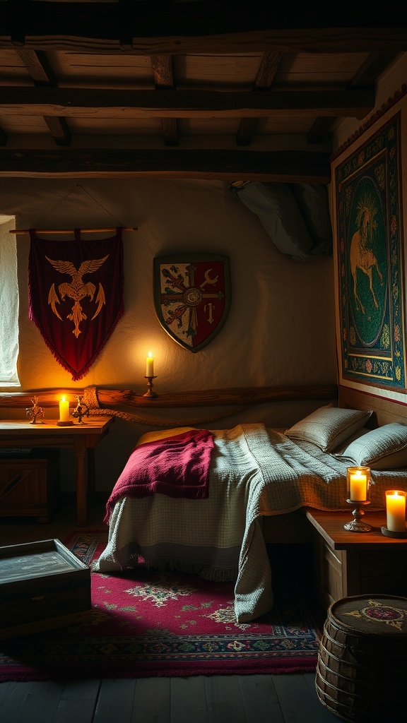 A cozy medieval themed bedroom with wooden furniture, candles, and tapestries.