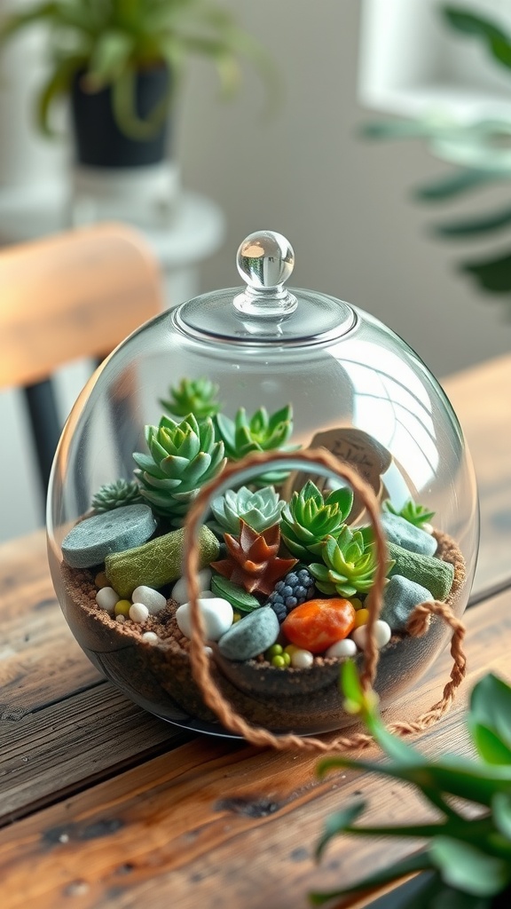 A beautifully arranged succulent terrarium in a glass dome, featuring various succulents and decorative stones.